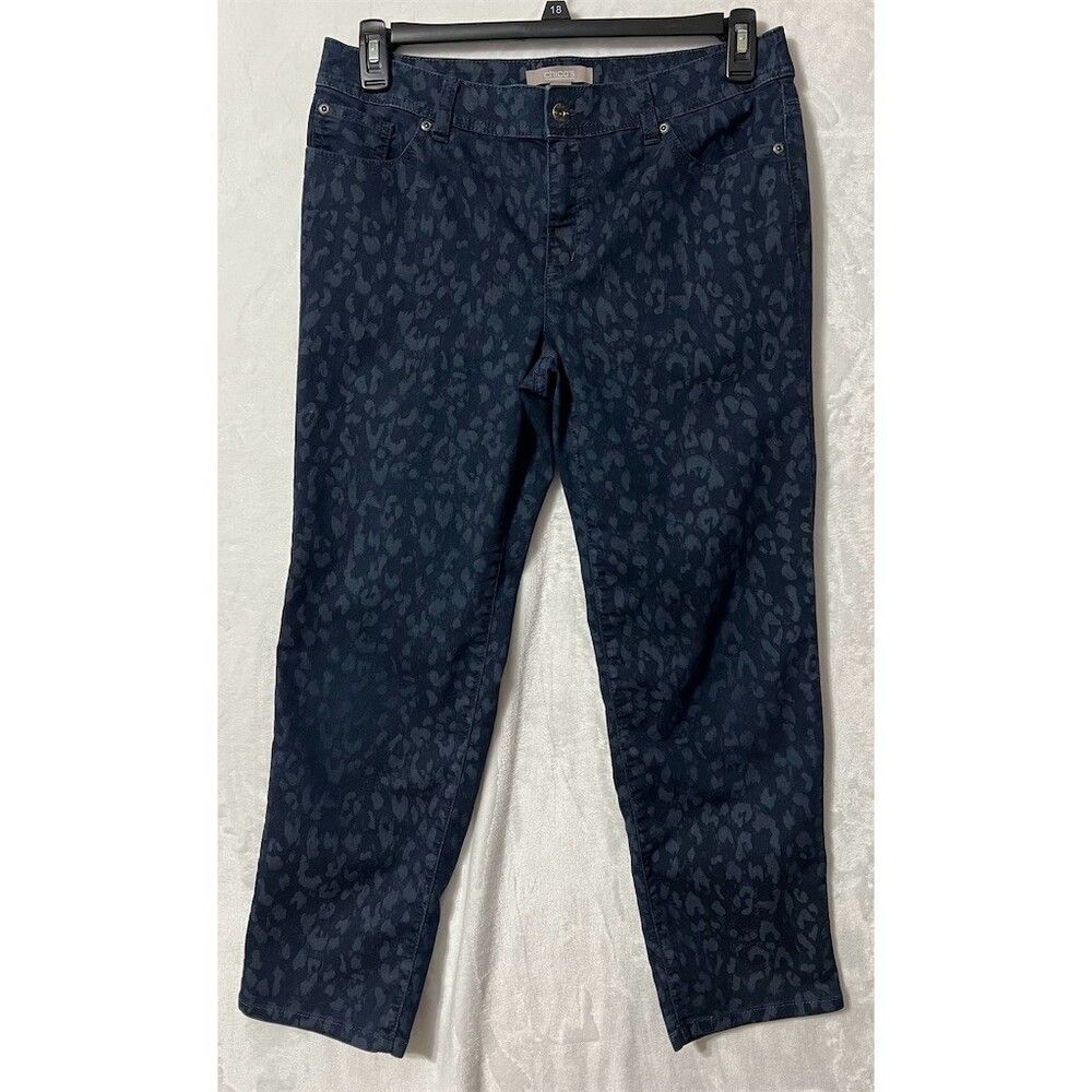 Chico's Jeans Womens Size 8 Dark Wash Blue Tonal Leopard Straight Leg